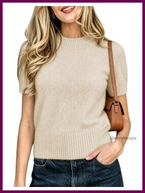 Fuzzy Cropped Short Sleeve Sweater Pullover Crew Neck
